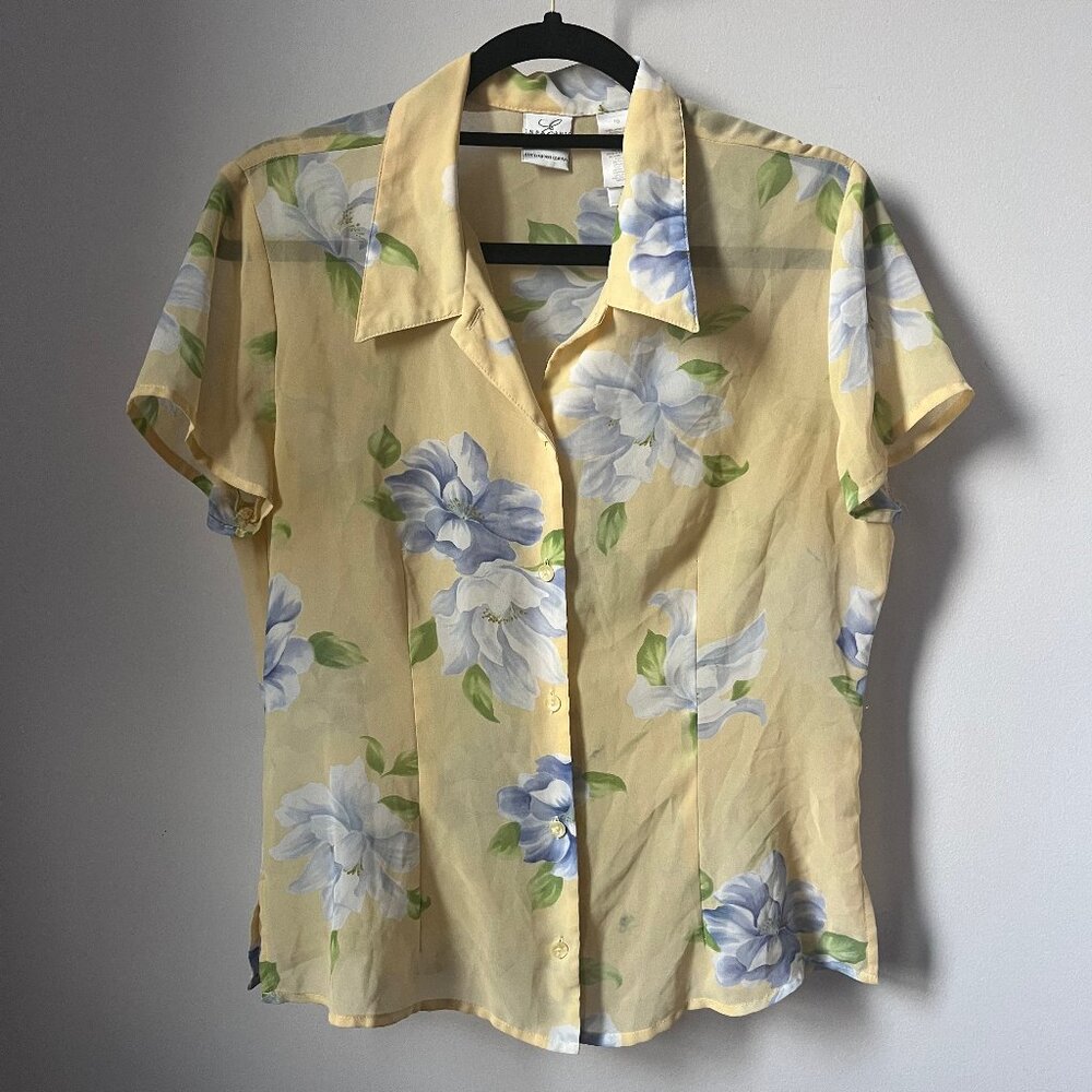 Canary Yellow floral flowy silk-like collared button up Blouse size large